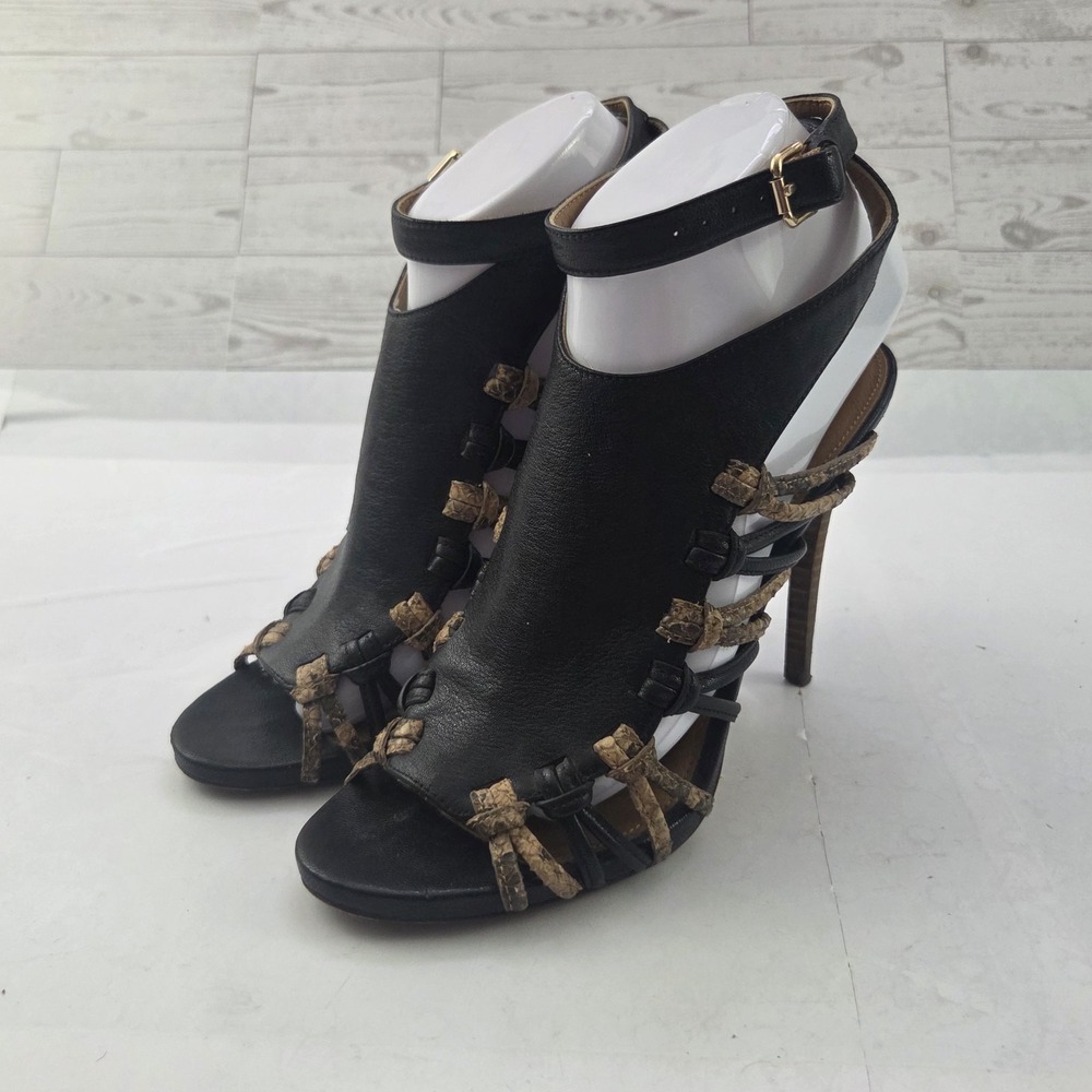 Coach Jody Cage Sandals Women's 7.5 B Black Brown Leather Stiletto Dark Feminine